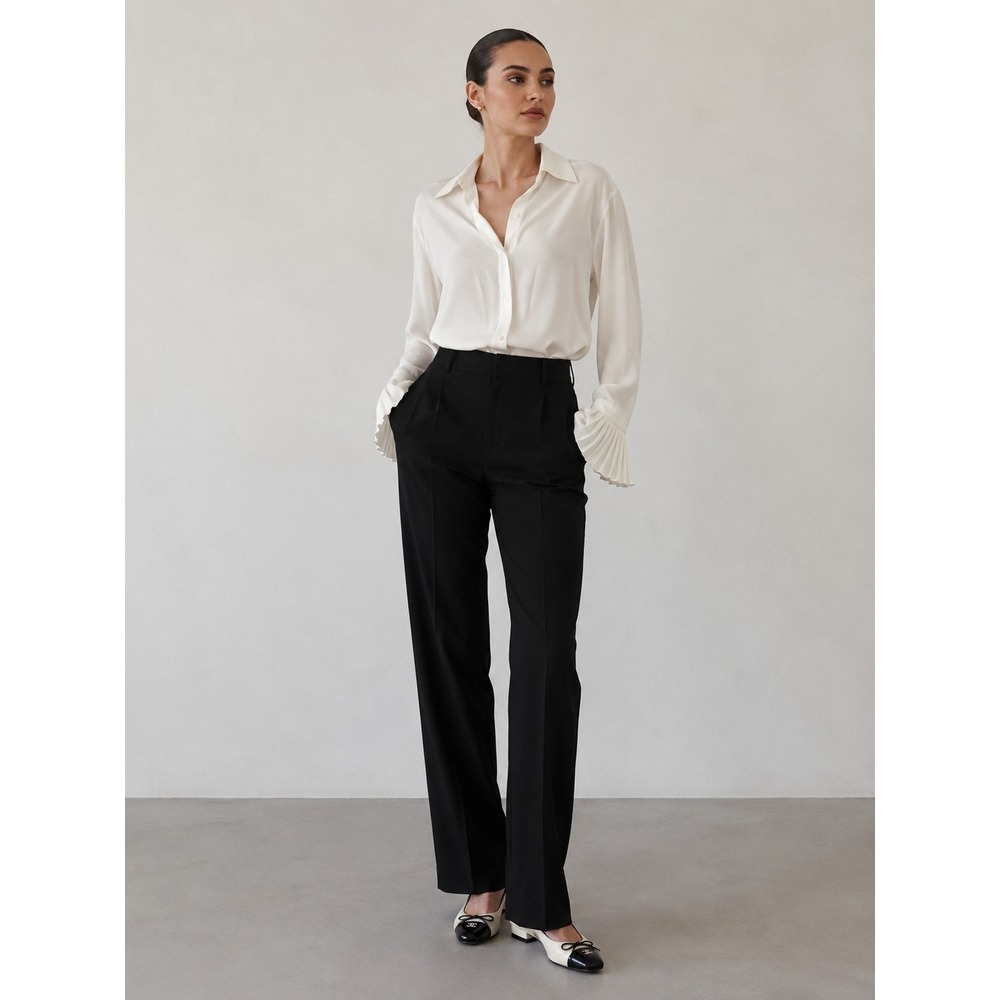 Thecommense Women's Ivory Satin Blouse Pleated Button-Down Long Sleeve Shirt NWT